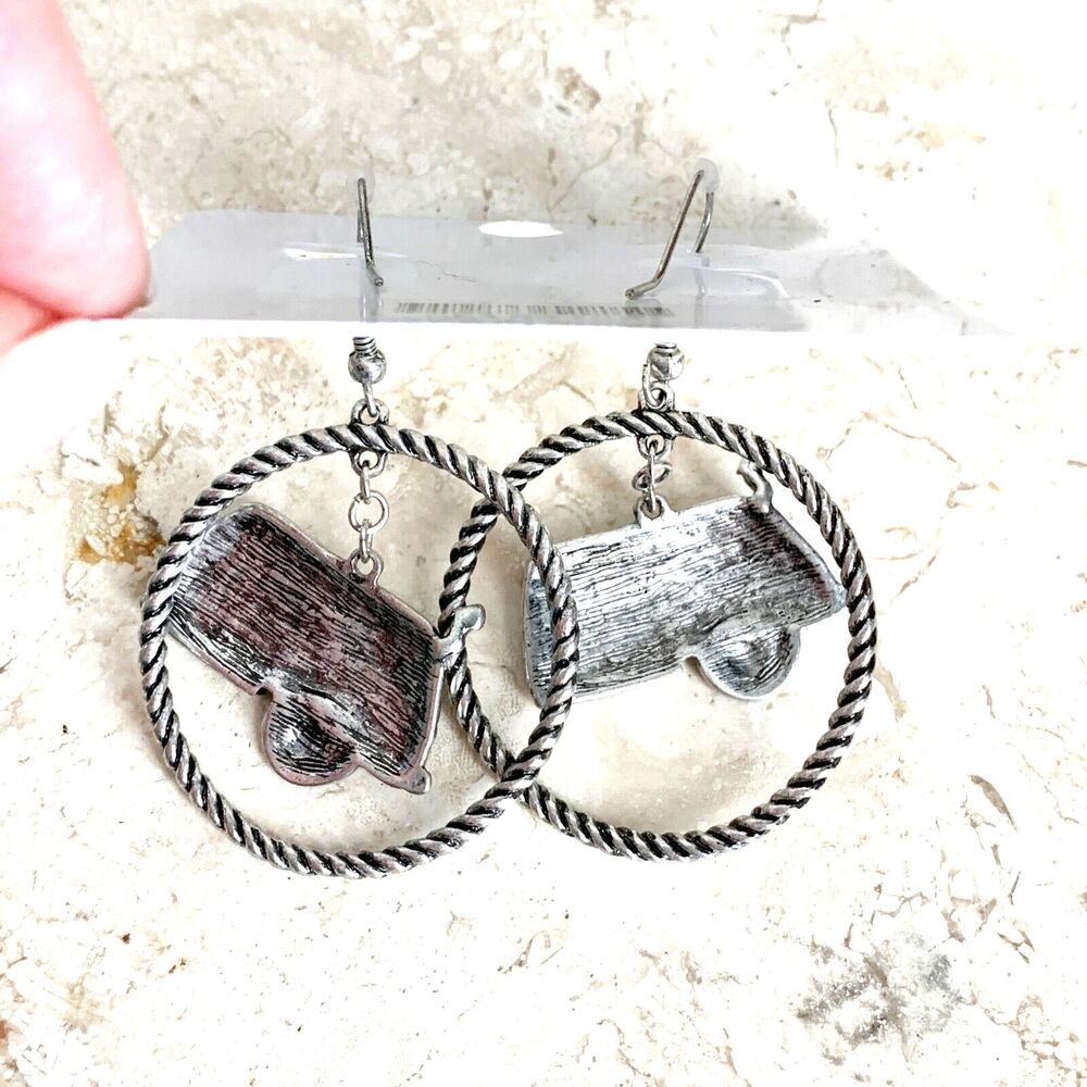 Silver Hoop Happy Camper Earrings NEW Vintage Travel Trailer Charm French Hook - Picture 6 of 6